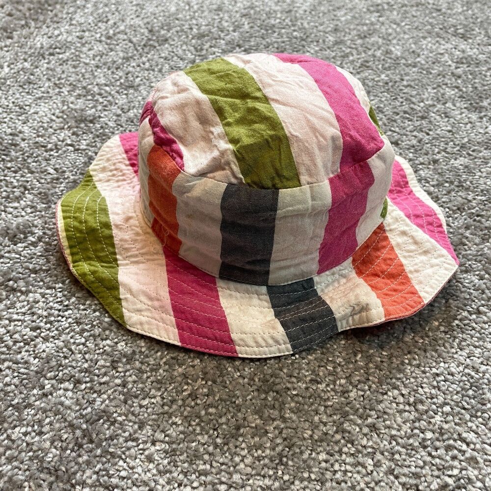 Unbranded Kids Bucket Hat Toddlers Girls White Pink Green STriped Sun Cap Cotton